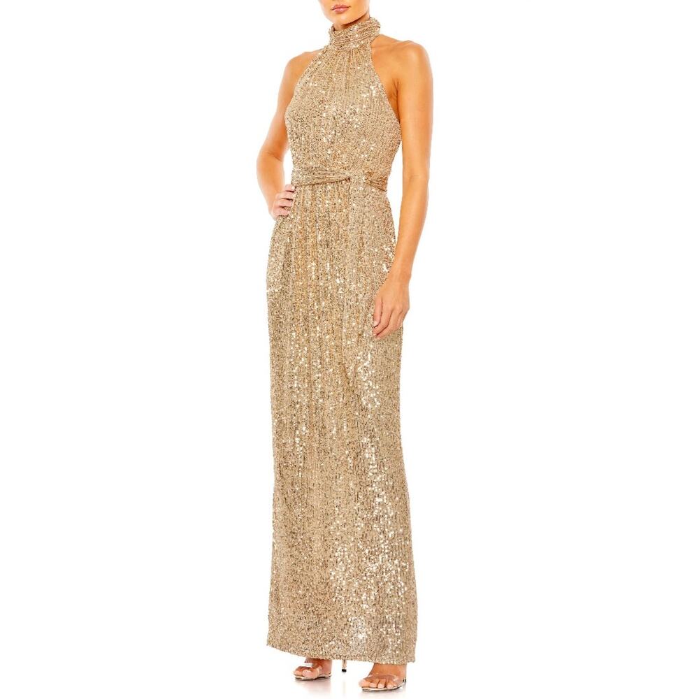 Mac Duggal 11281 Gold Sequined Evening Gown Halter Neck Column Dress Size 4